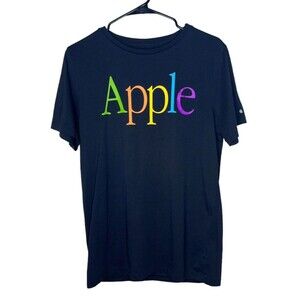 Apple Small Men T-Shirt Employee Rainbow Center Logo Black Short Sleeve Cotton